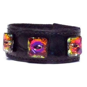 Black Leather Bracelet with Swarovski Crystals